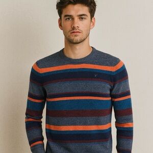 American Eagle Mens crew wool Sweater Pullover Orange Gray Blue Stripe Sz Large